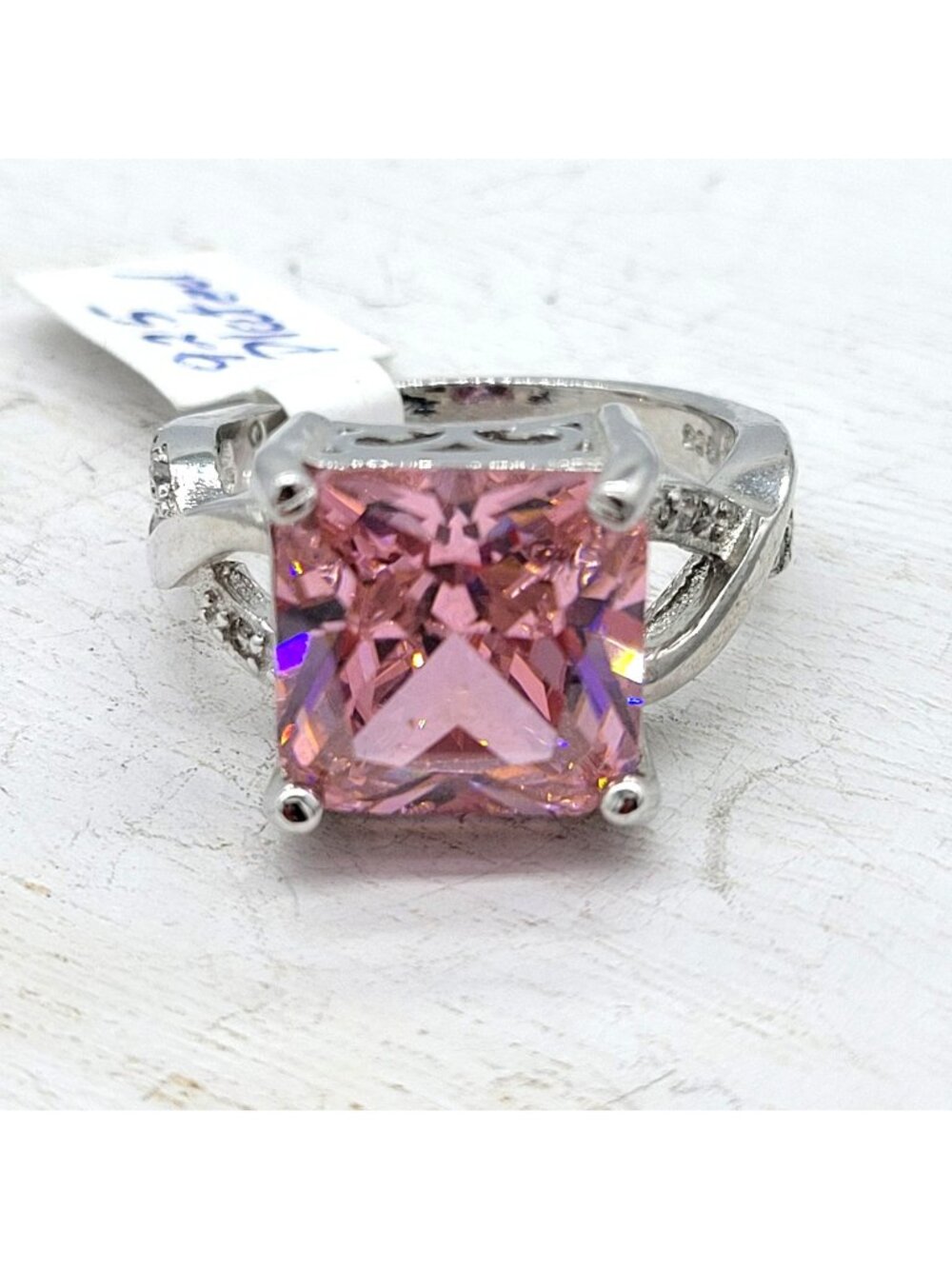 Sterling Silver Plated Large Emerald Cut Pink CZ Solitaire Ring Sz 9 New